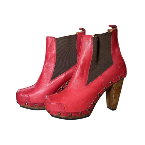John Fluvog Faiths Certitude Red Ladies Leather Boots Size 9 Platform Wood Heel - Picture 1 of 16
